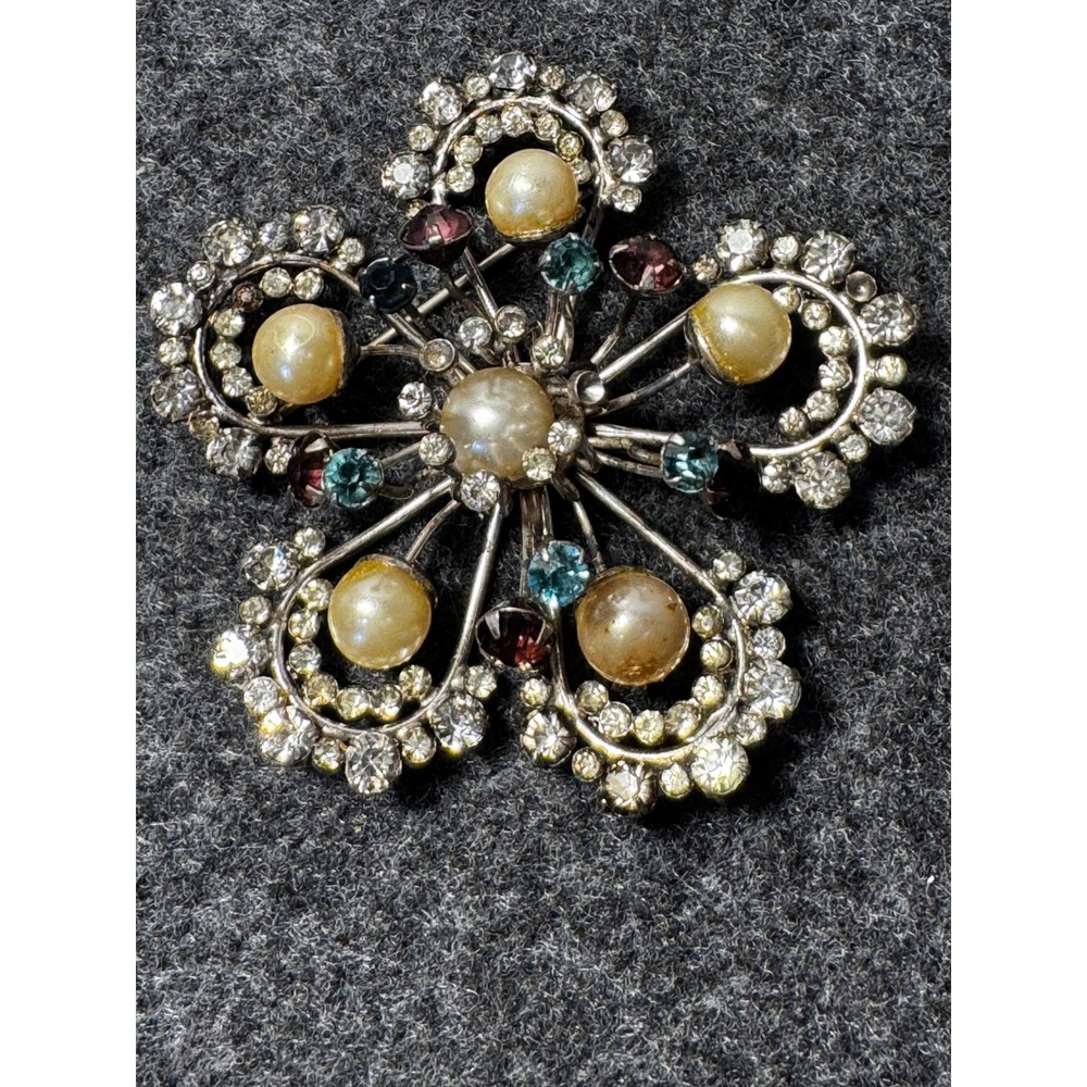 Vintage Sonia Lee Sterling Silver Rhinestone Faux Pearl Floral Starburst Brooch